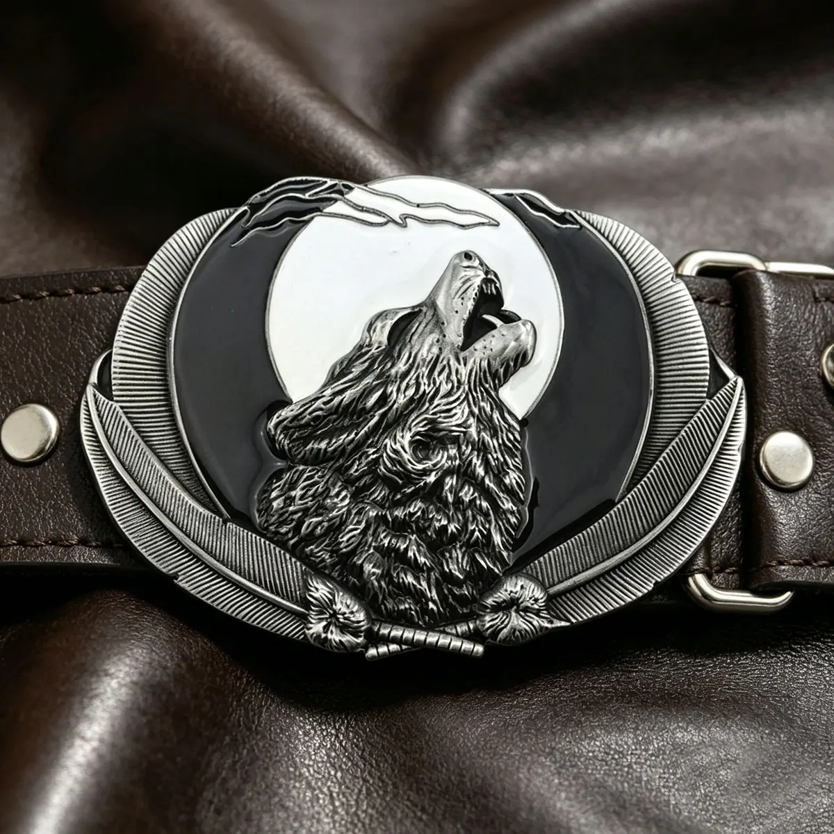 Retro Western Wolf Howls Belt Buckle - Fashionable Leather Cowboy Feathers Accessory Classic Trend