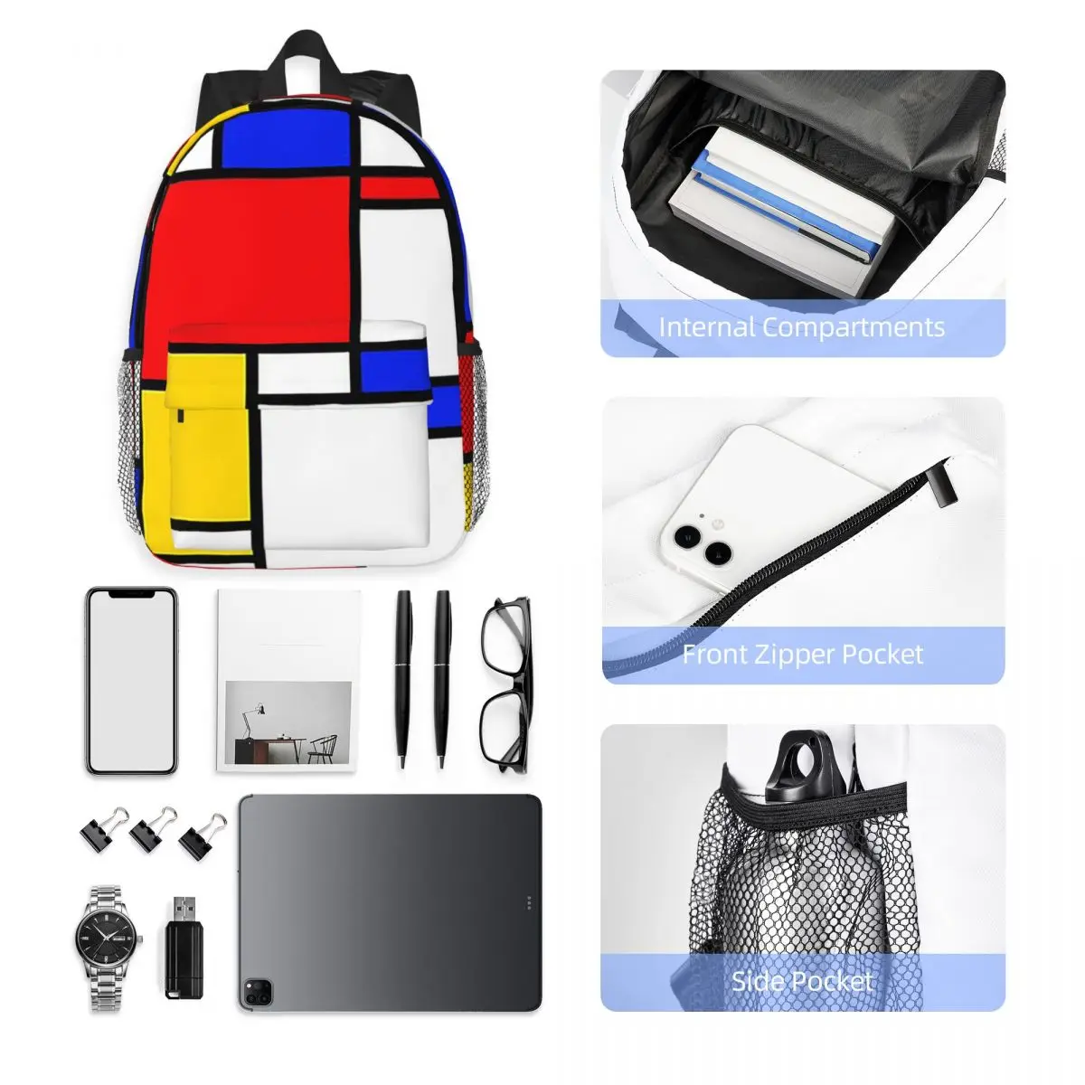 Mondrian Backpack Hot Sale Daypack Large Capacity Boys Girls BookBag Shoulder Bags for Men Women School Bag
