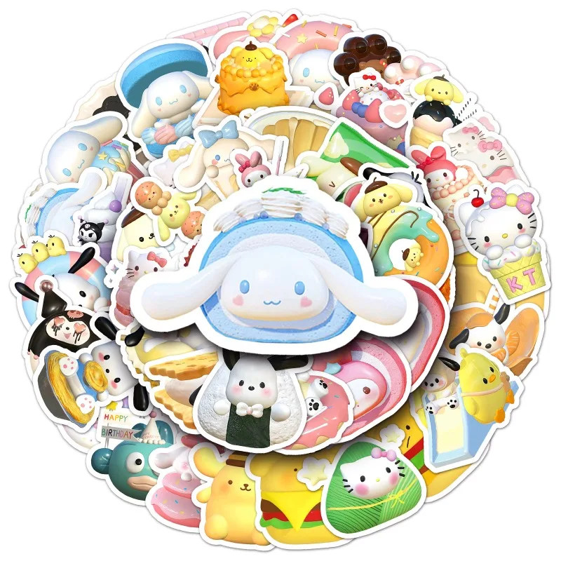 50pcs 3D Sanrio Food Stickers Cartoon Cute Cinnamoroll PomPomPurin Kuromi Waterproof Decorative Water Cup Laptop Luggage Sticker