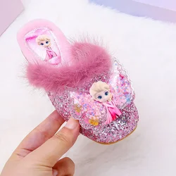 Cartoon Girl's Casual Shoes Disney Frozen Princess Elsa Autumn Winter Warm Shoes Fur Girls Soft Bottom Cotton Slippers Pink Blue