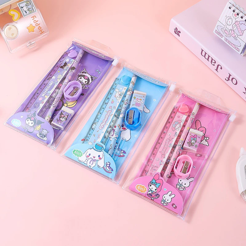 

Sanrio Kawaii Anime Cinnamoroll Stationery Set Ruler Pen Pencil Sharpener Cute Sweet Kuromi Cartoon Rubber Lovely Gifts for Kids