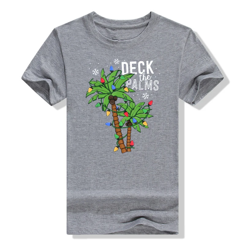 Deck The Palms Tropical Hawaii Christmas Palm Tree Lights T-Shirt Aesthetic Clothes Graphic Tee Tops Xmas Gift Family Matching