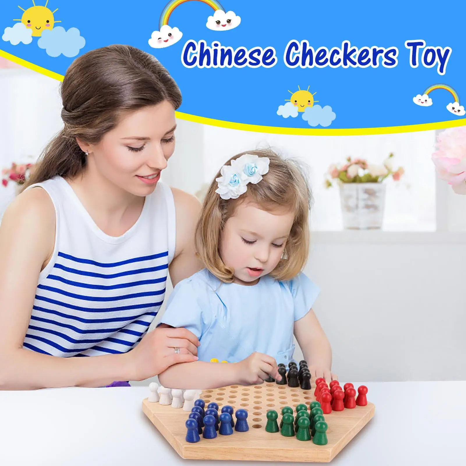 Classic Chinese Checker Game Set - Wooden Educational Board for Kids, Halma & Backgammon Fun