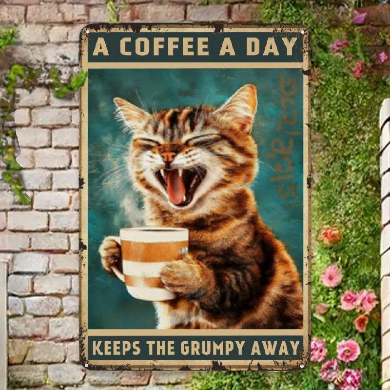 Logotipo Metálico Vintage con Diseño Plano 2D de un Gato y Café, con la Frase: 'Una Taza de Café Puede Ayudar a Mantener'