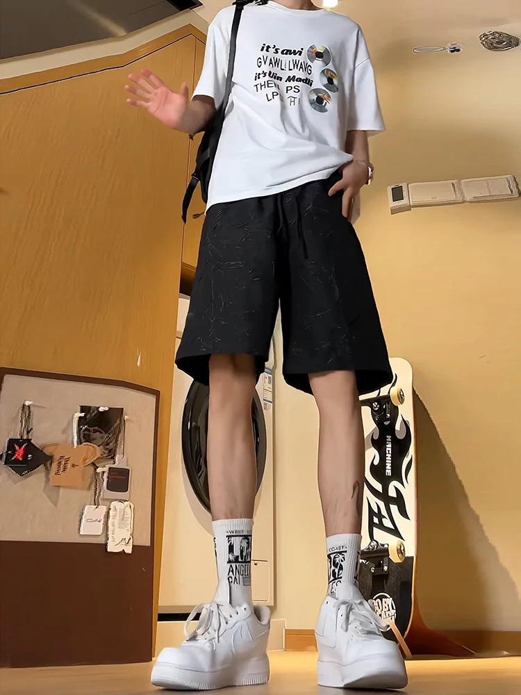 

Bla Textured Ice Silk Men's orts Summer Trendy Design Acidic Embroidery Casual Five-Quarter Length Pants Polyester Fiber