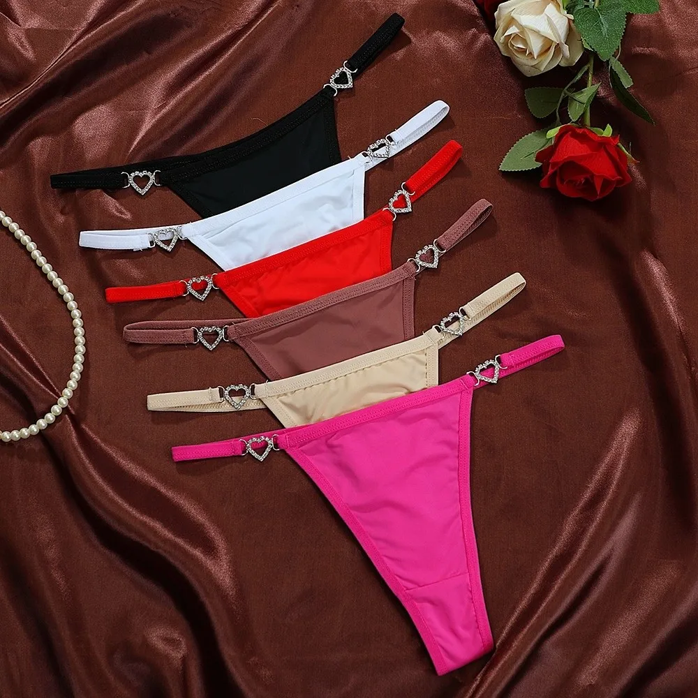 

Sweet Cotton Crotch Heart Rhinestone Thongs Traceless Solid Color Bikini Briefs Low Waist Underpants T-back Panties Lingerie