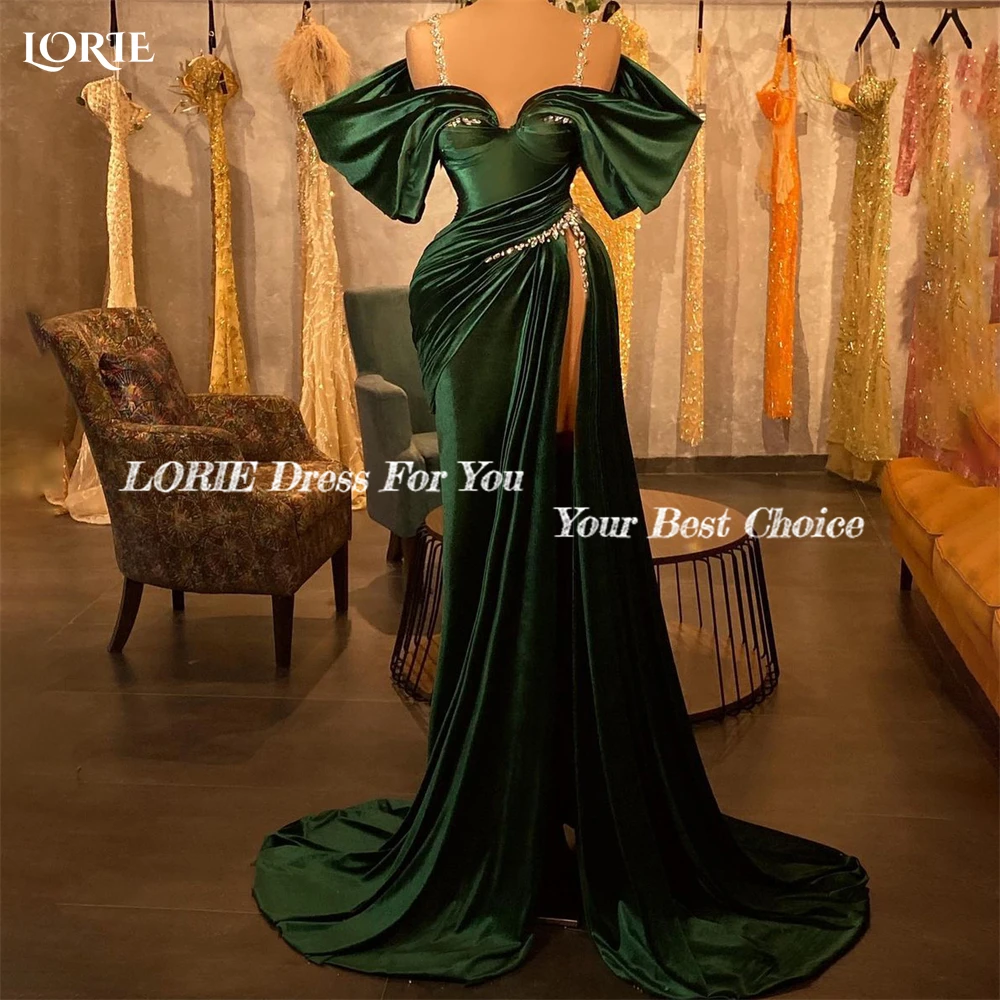 LORIE Green Mermaid Formal Evening Dresses Shiny Satin Off Shoulder Pleated Side Slit Prom Dress Arabia Dubai Bride Party Gowns