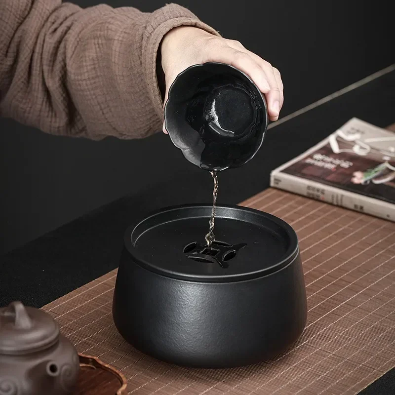 Black Pottery Ceramic Tea Washing With Cover Large Household Tea Residue Jar Jianshui Bowl Cup Washing Bowl Kung Fu Tea Ceremony