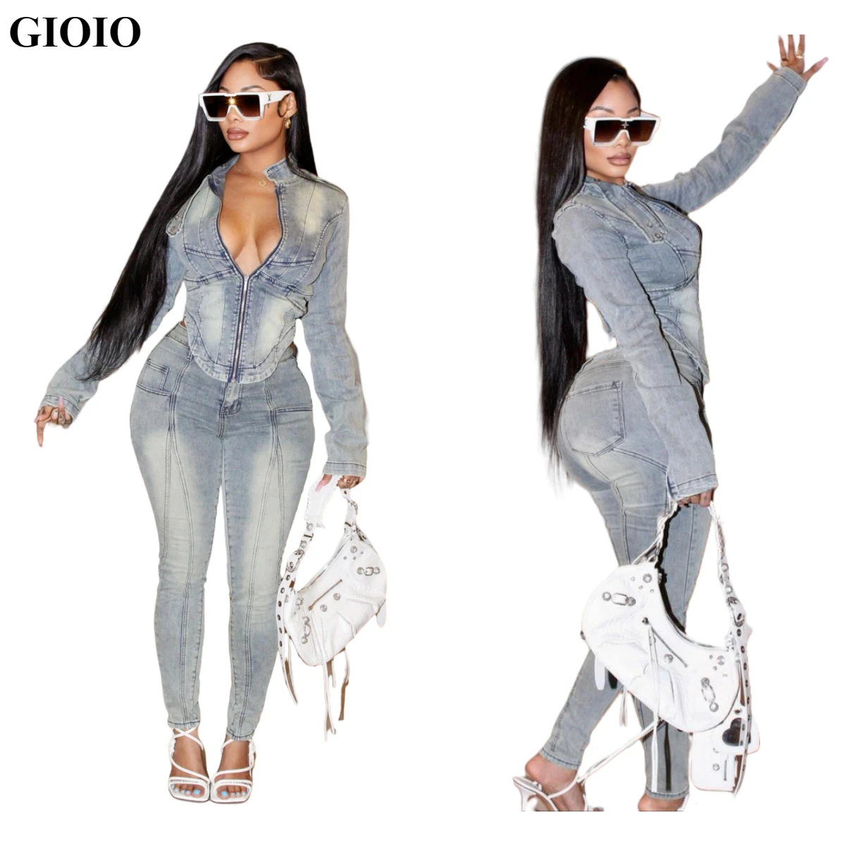 GIOIO Denim Hipster Women 2 Piece Set Single-Breasted Irregular Jacket+High-Waisted Trousers Matching Streetwear Outfits