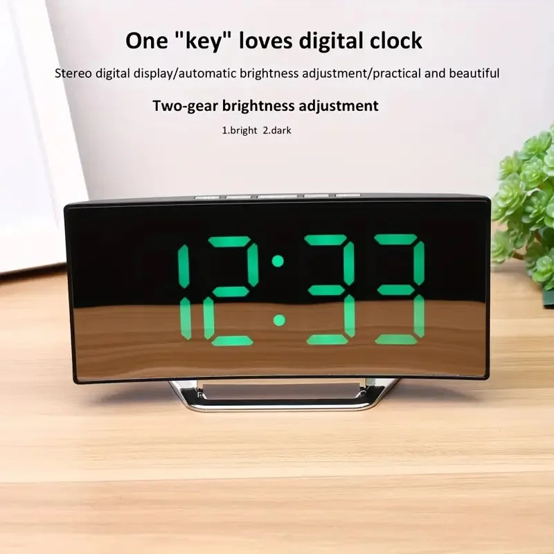 Curved Screen Clock Electronic Clock Large Screen LED Mirror Clock Silent Alarm Clock Creative Surface Bedside Clock Room Decor