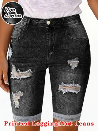Printed Leggings, Non‑Denim Fabric, Faux‑Pocket & Button‑Print Capri Pants, High‑Stretch New‑Arrival Fashion Skinny Pants