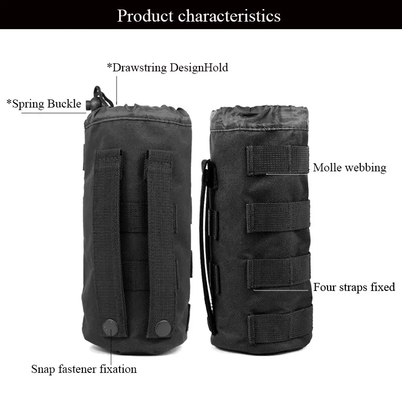 Black Tactical Water Bottle Bag Multi-Function Outdoor Nylon Hole Design with Adjustable Drawstring for Molly System And Gear At