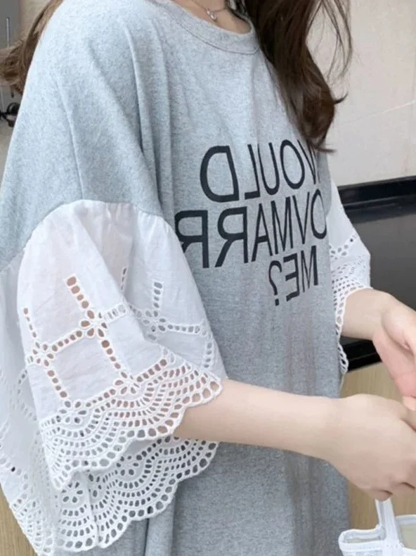 Coréen Sle été imprimé Dr dentelle garniture mouche Sve t-shirt Dr taille ample ort Sve mi-longue coupe droite Dr