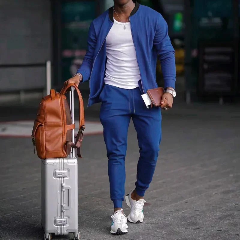Pop 2024 Men's Spring And Autumn Outdoors Movement Suit Men Comfort Casual Long Sleeve Trousers Cultivate One's Morality Solid S