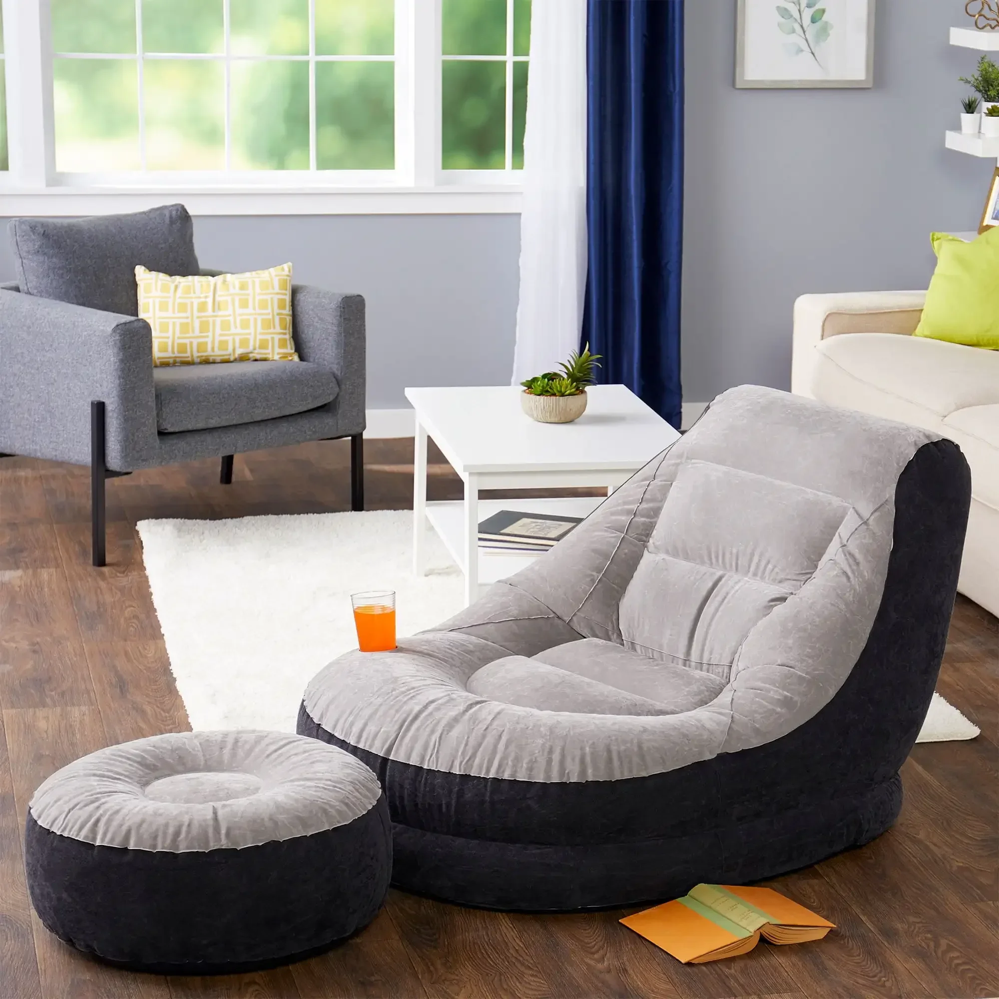 68564E Inflatable Ultra Lounge Chair With Cup Holder And Ottoman Set, Gray Inflatable Sofa  Bedroom Chair Sofa