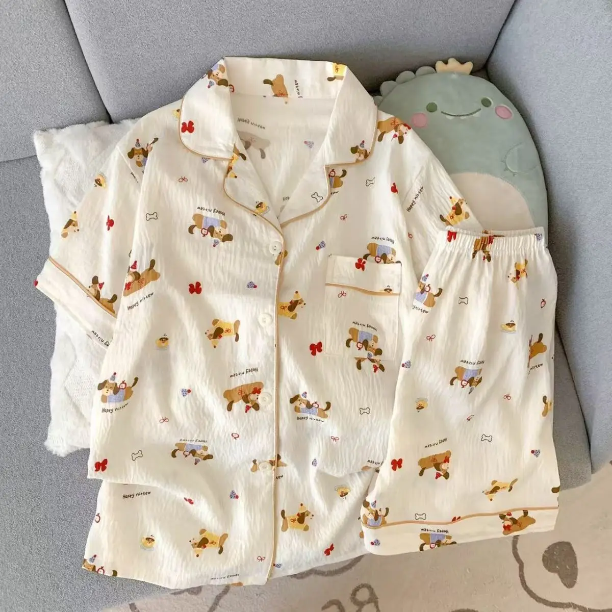 

Летняя женская пижама с коротким рукавом: комфортная повседневная домашняя одежда с принтом щенков, ночная сорочка для студенток