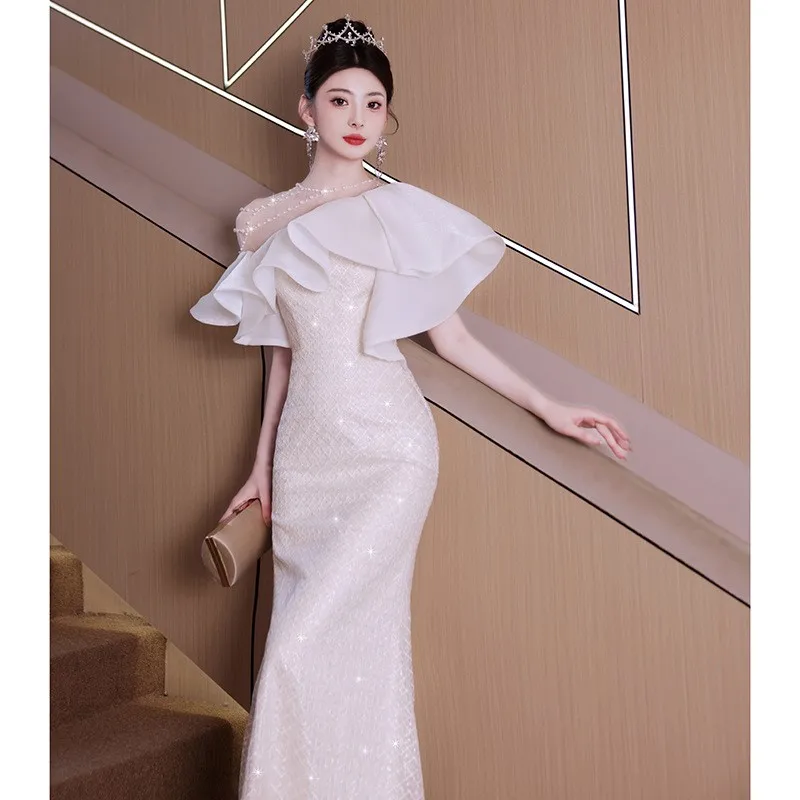 Banquet temperament light luxury small host fish tail dignified white atmospheric dress