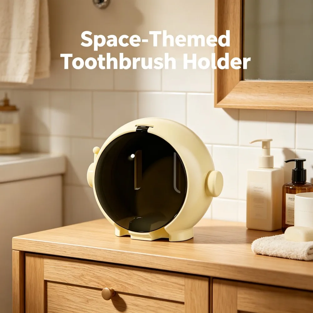 2 Pack Cream Yellow Cartoon Astronaut Wall Mount Toothbrush Holder, Punch-Free Self-Adhesive Bathroom Toothpaste Organizer, Waterproof Splash-Proof Tooth Brush Storage Rack for Shower Vanity Restroom