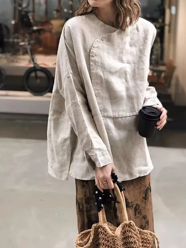 

Художественный женский льняной топ большого размера с асимметричным разрезом, длинными рукавами и традиционным китайским дизайном, повседневный стиль