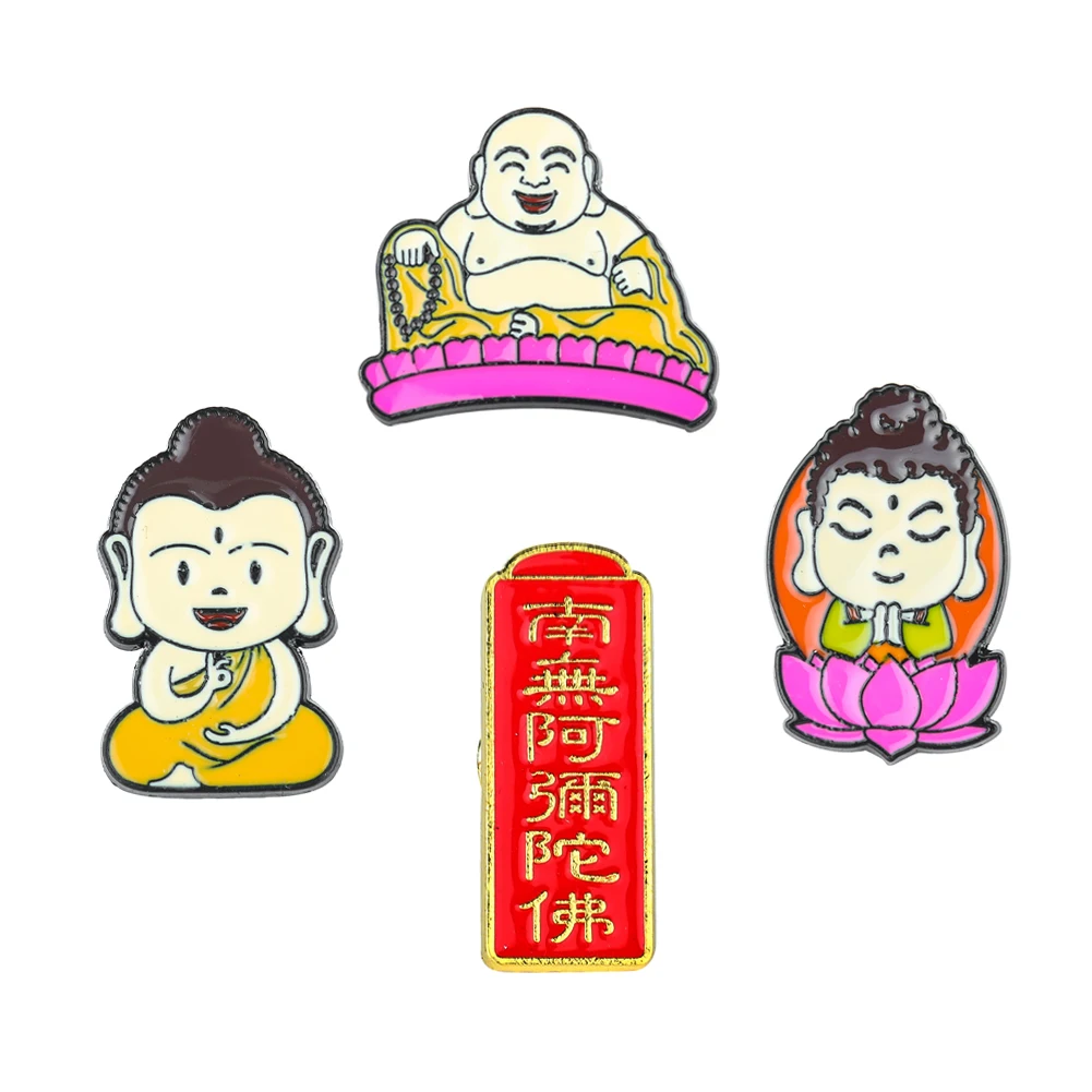 Cartoon Buddhism Lotus Meditation Buddha Shakyamuni Maitreya Metal Enamel Brooch Sutra Scriptures Collection Badge Pins Jewelry