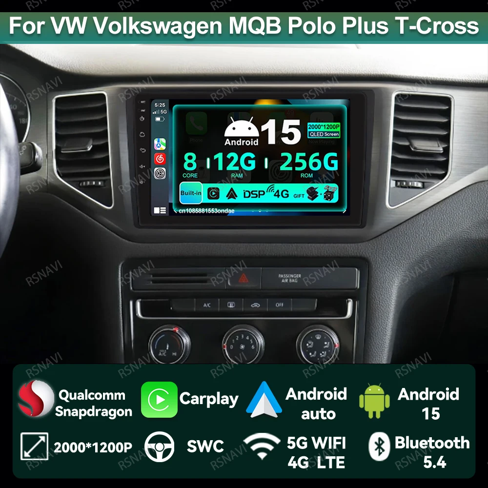 Android 15 Car Radio For VW Volkswagen MQB Polo Plus/T-Cross/Zoals T-Kruis/T- Roc Wireless Carplay Auto DSP DVD Navigation BT
