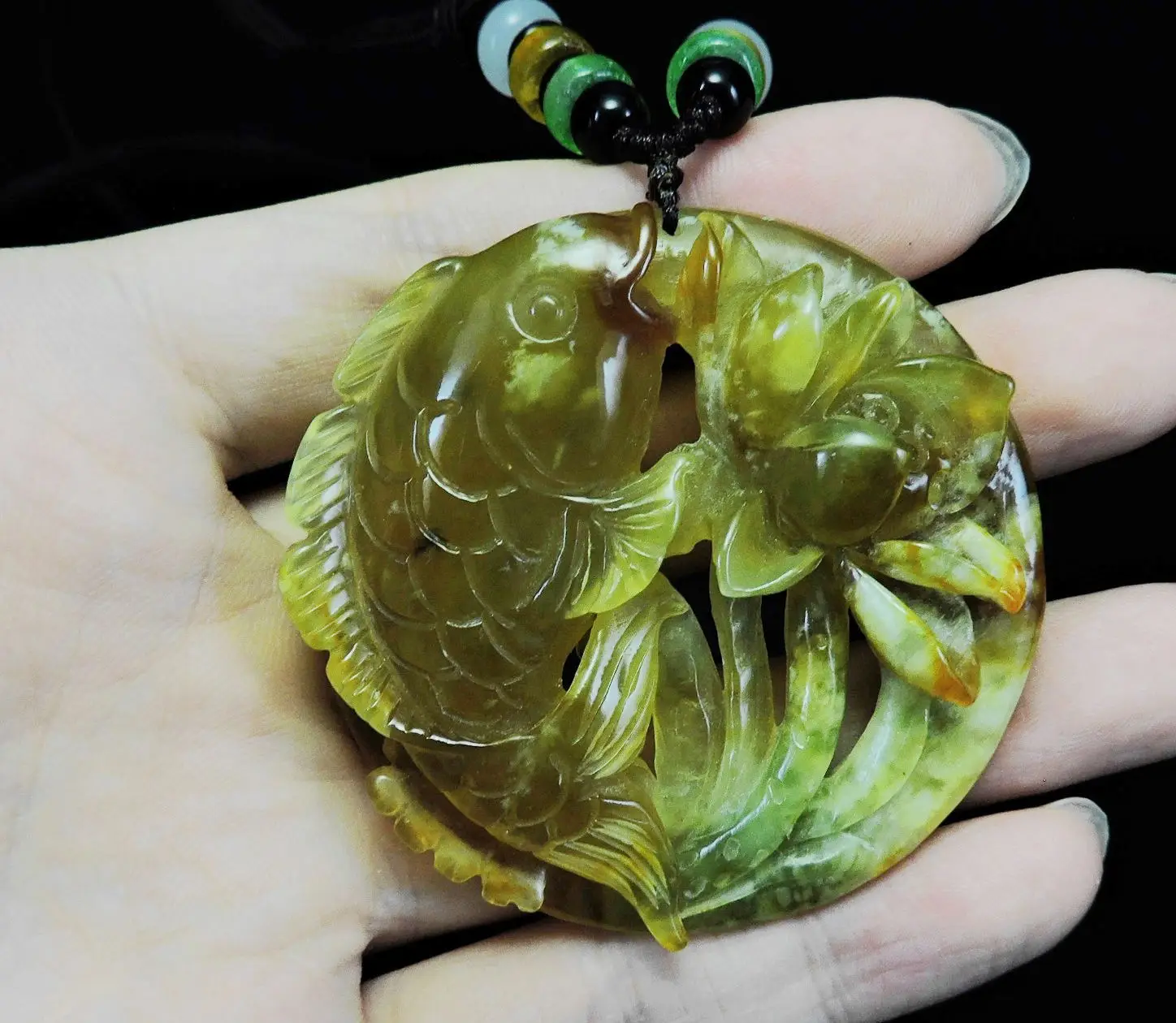 Jade Jewelry Natural Jade Pendant Necklace Hand-Carved fish&lotus flower Jadeite Necklace Pendant Gift No Treatment 634i