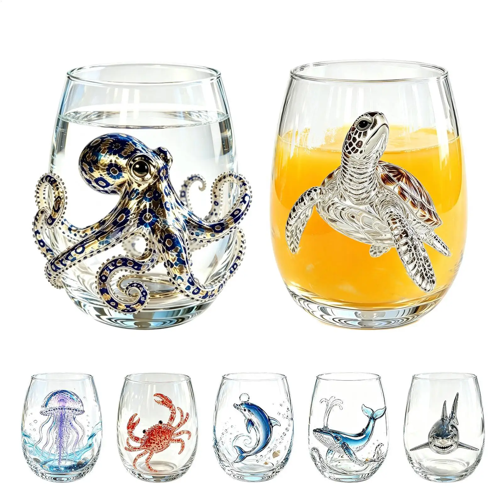 Blue Ringed Octopus Glassware 420ml 2D Clear Novelty Coastal Marine Animal Drinking Glass for Juice Milk Coffee Housewarming