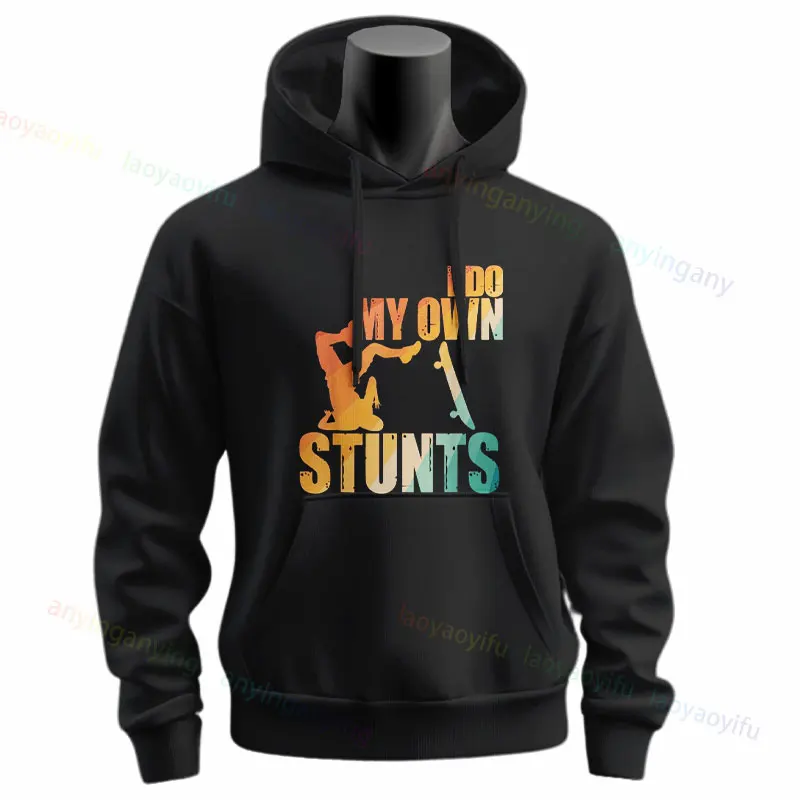 I Do My Own Stunts Skateboard Art Men's and Women's Slogan Hoodies Casual Long Sleeve Graphic Design Sportswear