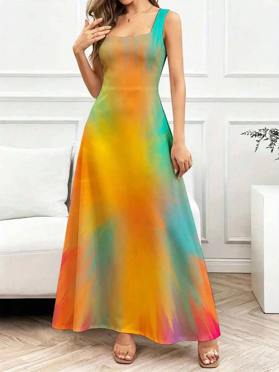 

Colorful Tie Dye Square Neck Maxi Dress With Thin Straps Flowing Skirt Casual