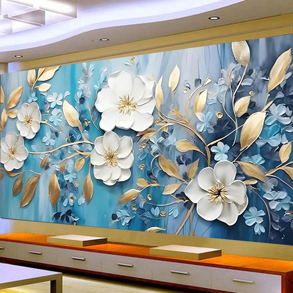 

Blue Gold White Flowers Diy Diamond Painting New Large Full Round Diamond Mosaic Pictures Cross Stitch Kits Home Decor Gift