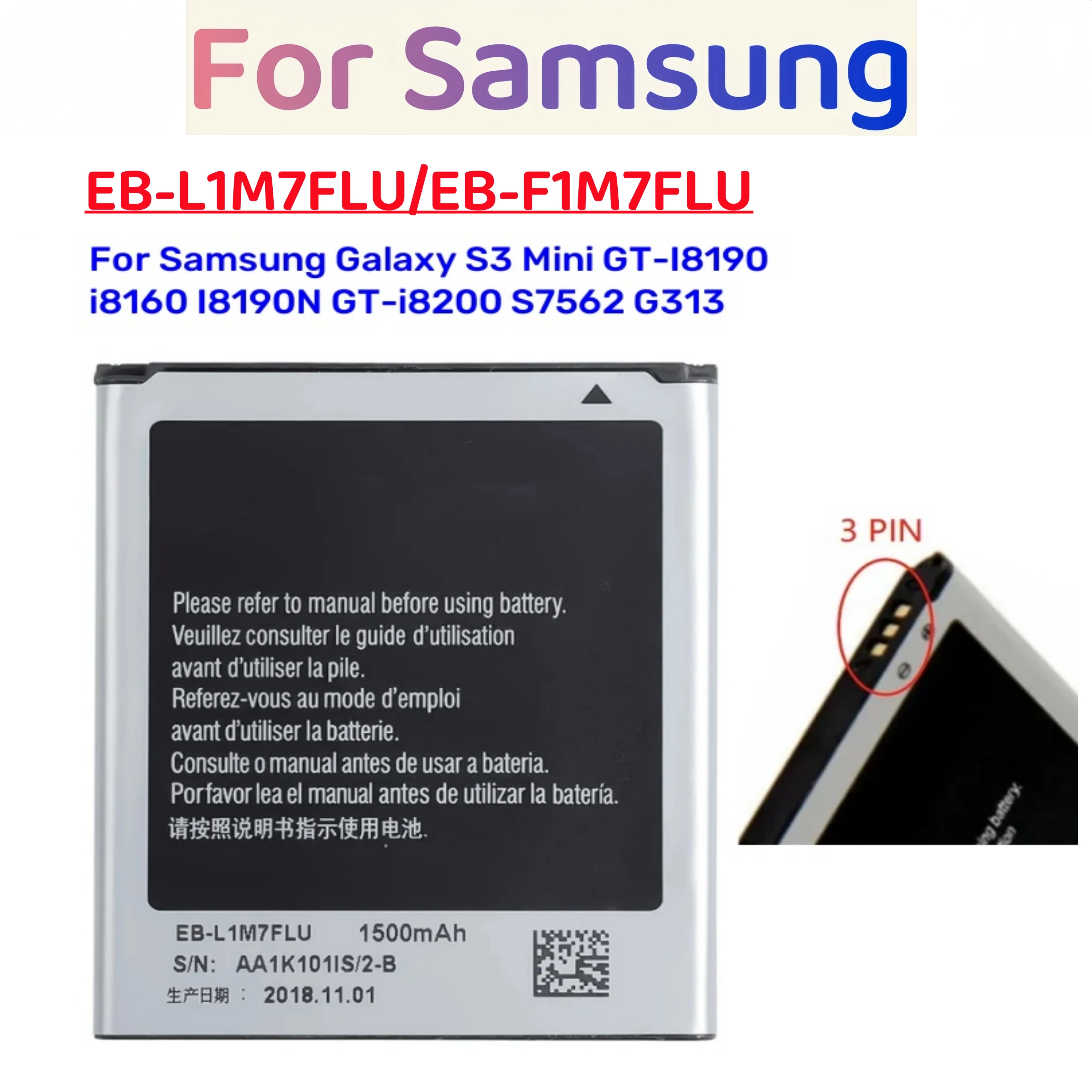 EB-L1M7FLU EB-F1M7FLU 1500mAh Battery For Galaxy S3 Mini GT-I8190 i8160 I8190N GT-i8200 S7562 G313 3PIN 4PIN