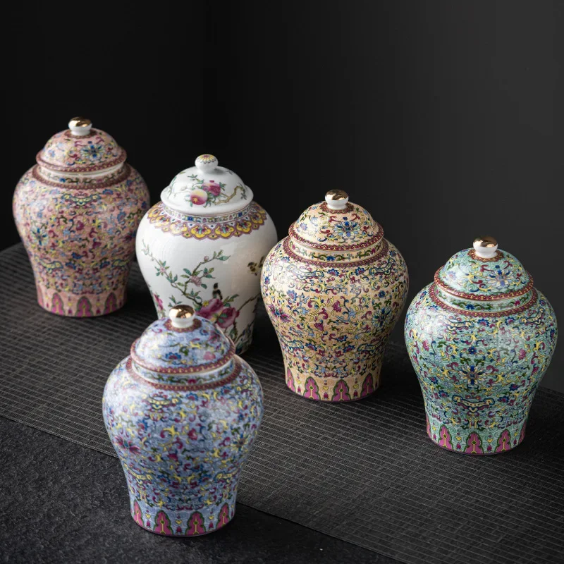 

European Style Colored Ceramic Tea Caddy Large Sealed Candy Jar Tabletop Flower Vase Household Coffee Beans and Nuts Storage Box