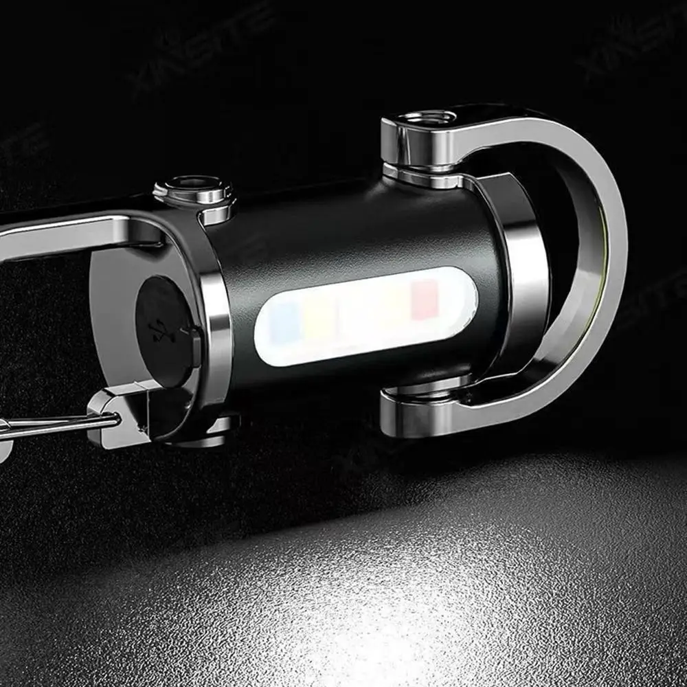 Waterproof Mini Keychain Flashlight High Bright Portable LED Torch Lamp with Hook Dual Light Source Warning Light Night Running