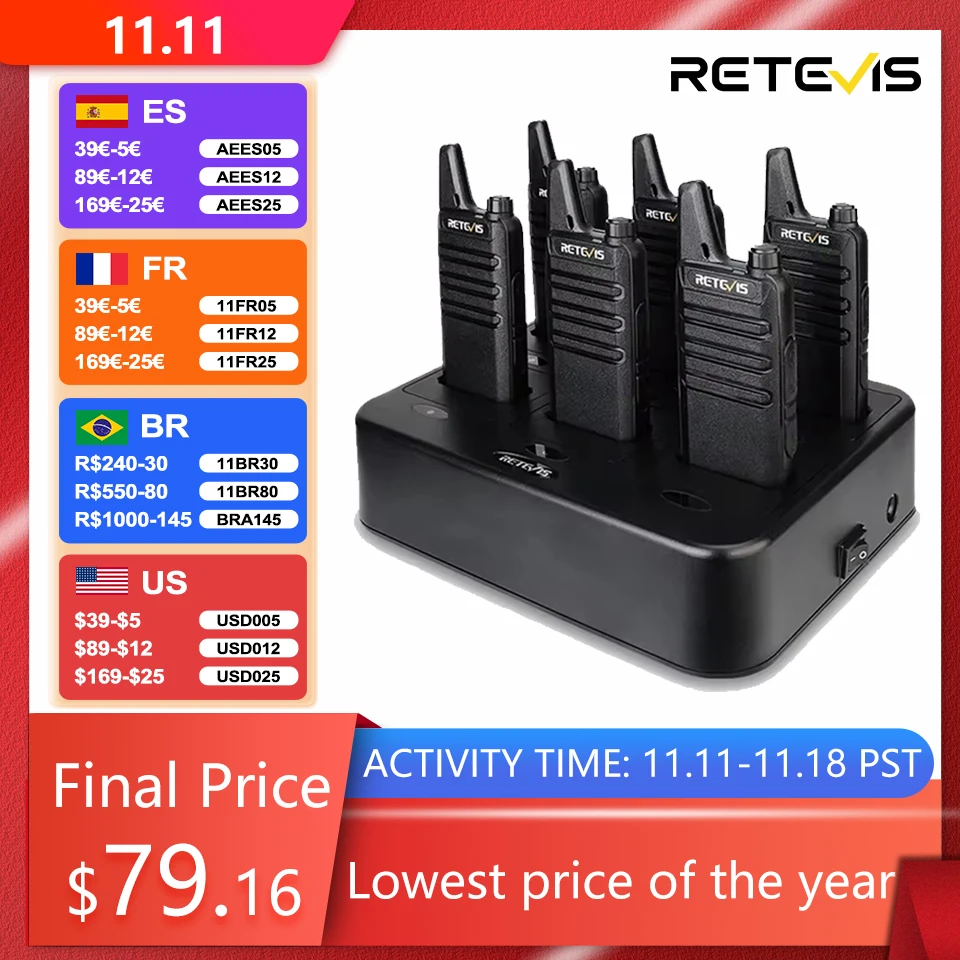 Retevis RT622 Walkie Talkie 6 Pcs Restaurant Professional Radios PMR Mini Walkie Talkie Kit Communication Radio Intercom Two-way