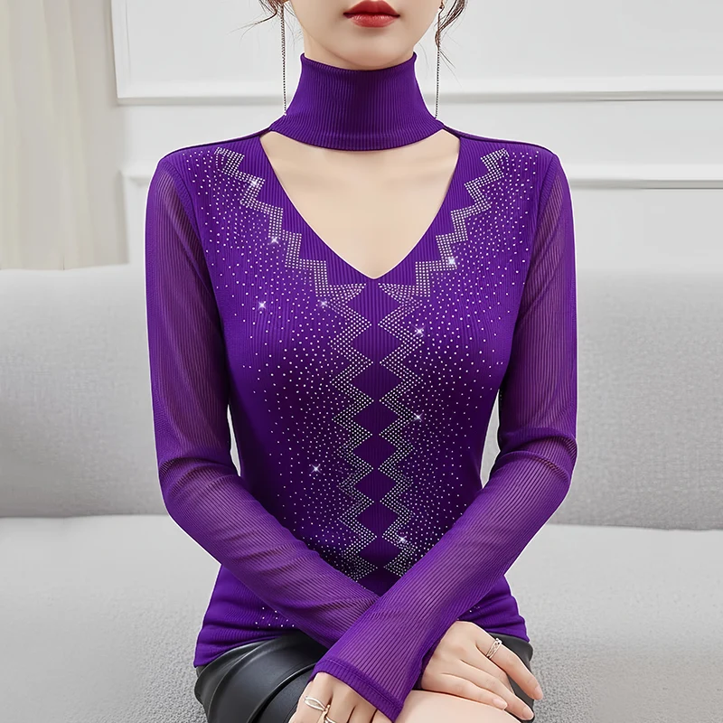 Autumn Winter New Long Sleeved V-Neck Women's Tops Fashion Sexy Hollow Out Hot Diamond Knitted Shirt Patchwork Pullovers