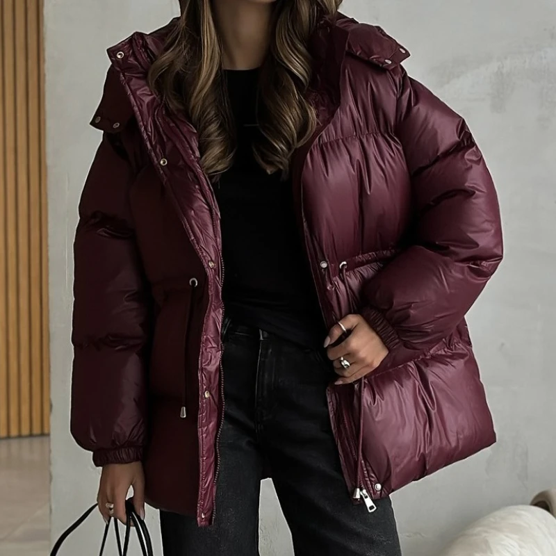 Thicken Cotton Jackets Women Standneck Zipper Long Sleeves Lace Up Detachable Hat Coats Female 2025 Winter Warm Fashion Outwears