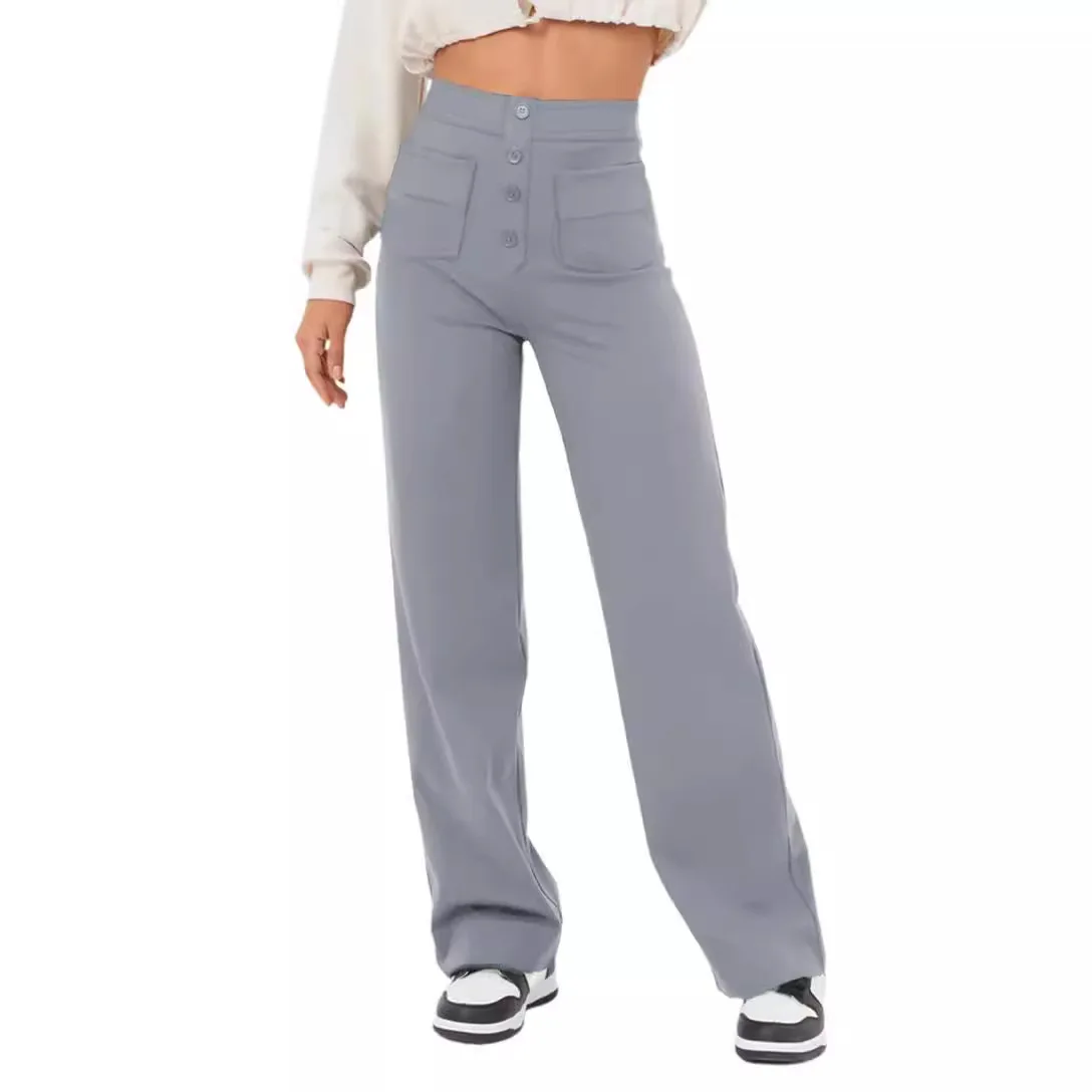 

Women's Solid Color Casual Straight Leg Pants with High Waist Button Elastic Band and Multiple Pockets