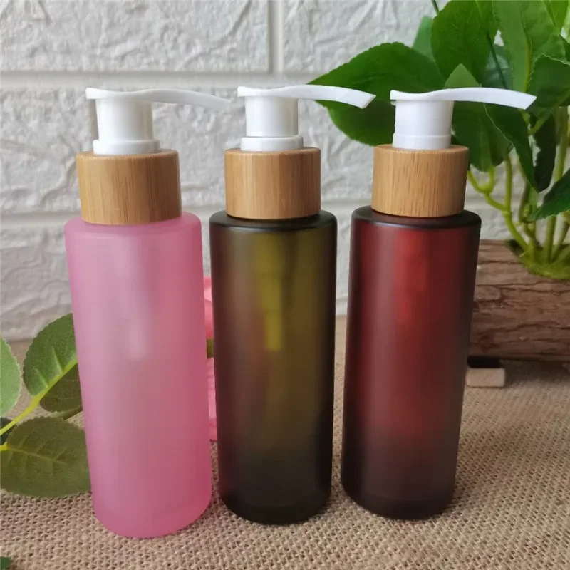 

Pink/Amber frosted Glass Bottle White Pump Bamboo Cap,Cosmetic Packing,Cosmetic Bottle,Packing For Liquid Oil container bottle