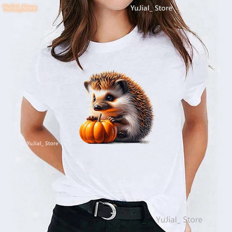 

Fall Pumpkin Hedgehog Printed T Shirt Girls Funny White Tshirt Women Harajuku Thanksgiving Clothes Summer Fashion T-Shirt Female