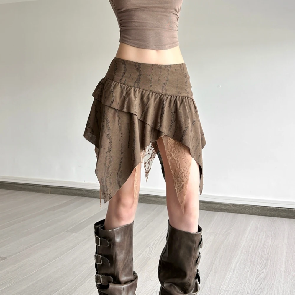 SylCue ตาข่าย Patchwork Mini กระโปรงผู้หญิงเอวยางยืดไม่สม่ําเสมอ Ruched Ruffles High Street สไตล์สบายๆคลาสสิก Bottoms