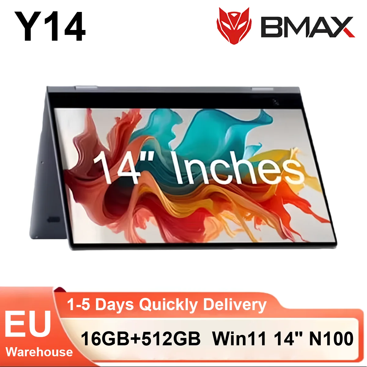 BMAX Laptop Y14 360 Grad 14 Zoll Notebook Touch LPDDR5 16 GB RAM 512 GB SSD Intel N100 Windows 11 1920 x 1080