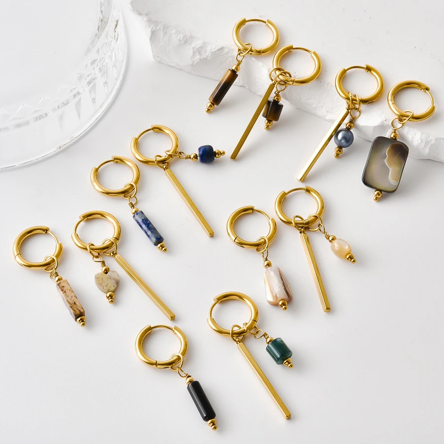 1 Pair Retro Geometric Strip Tiger's Eye Stone Beading Pearl Charm Stainless Steel Cylinder Hoop Earrings for Women Jewelry Gift