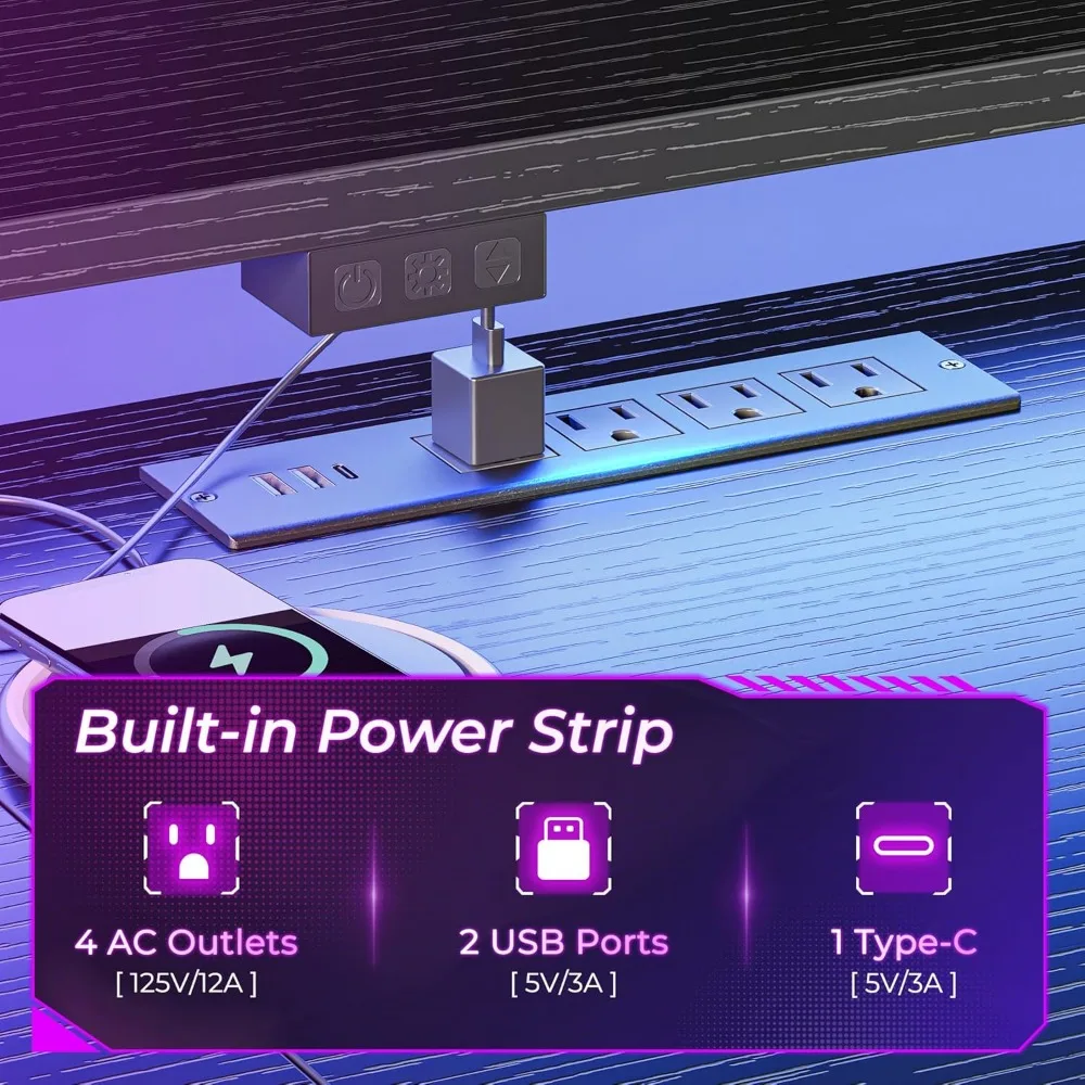 Scrivania da gioco a forma di L con luci a LED e prese di corrente