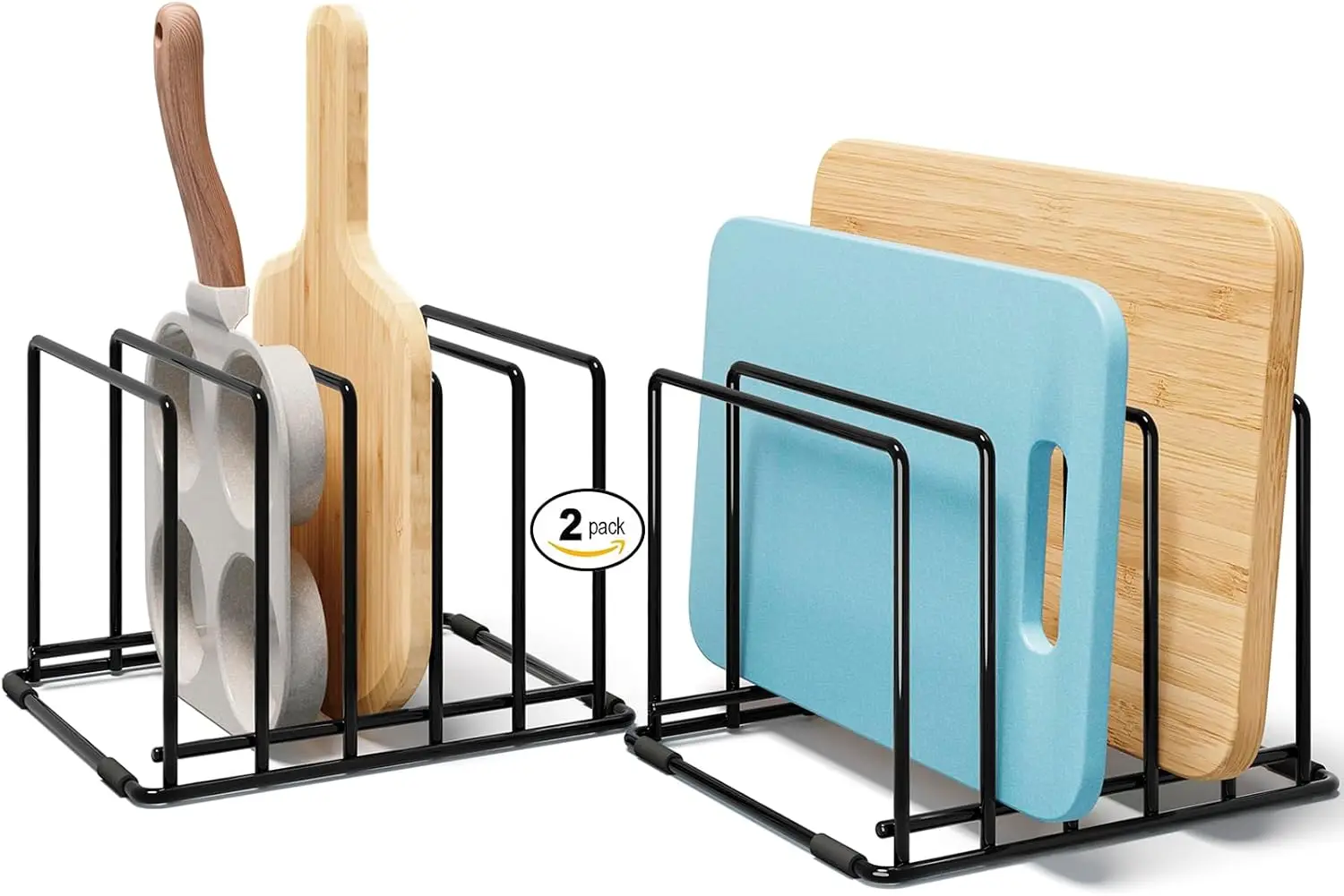 

5-Slot Kitchen Organizer Rack - Heavy-Duty Cutting Board & Bakeware Holder, Rust-Resistant with Anti-Slip Feet, 2-Pack
