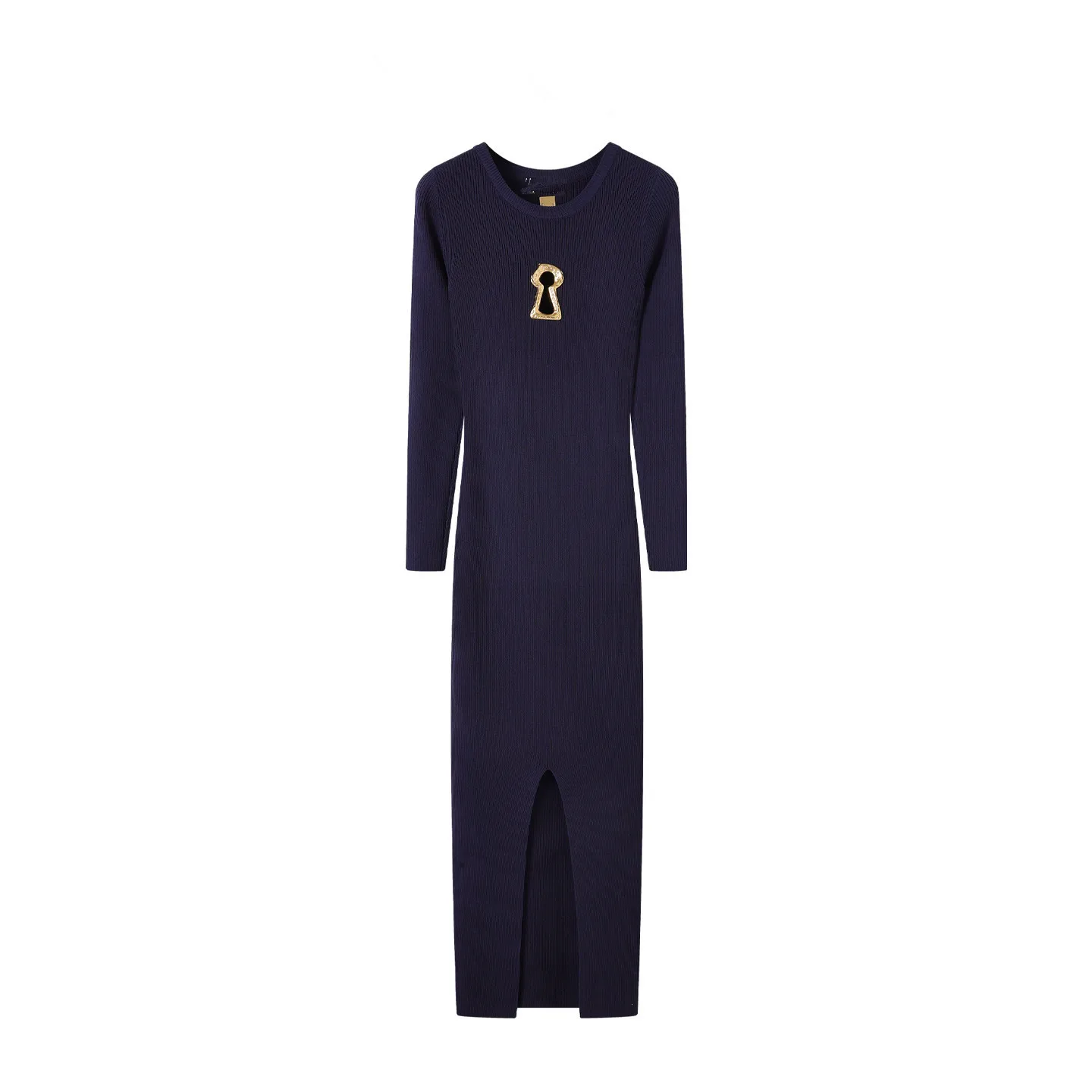Frühlings-Herbst-Strickkleid mit Metalldekor für Damen, neue Mode, Rundhalsausschnitt, lange Ärmel, Schlitz, schmal geschnitten, mittellang, Pulloverkleid
