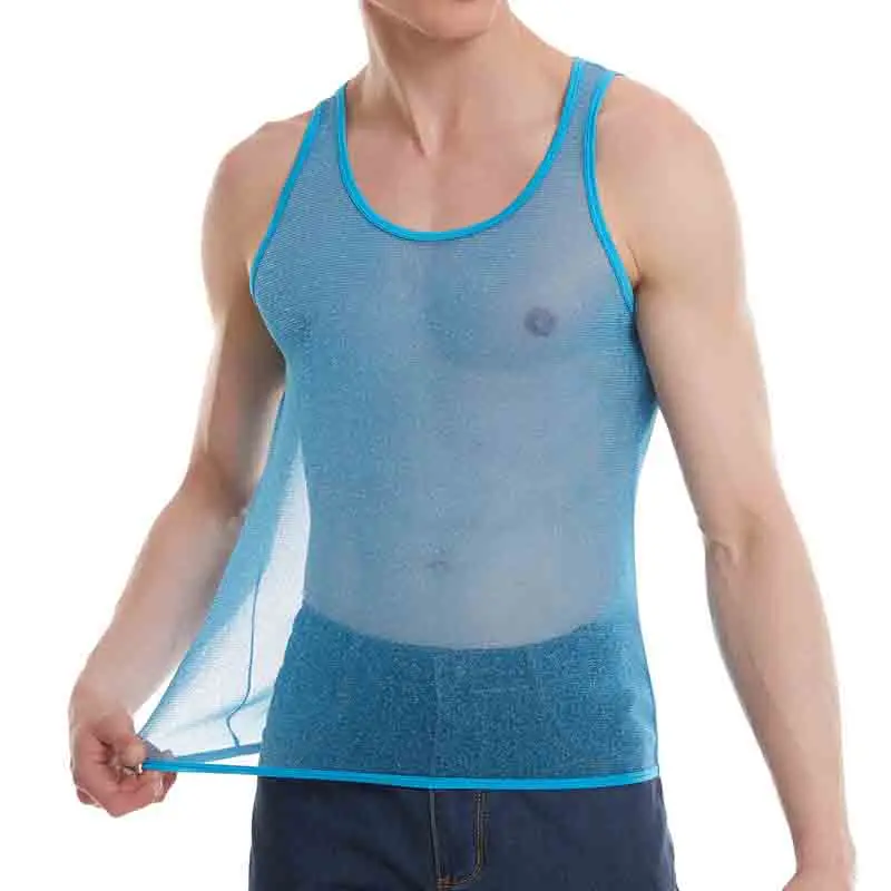 Red XL Sexy Men Tank Tops Transparent Sleepwear See Through Nightwear Tops Tees Sexy Underwear Sleeveless Male Blue Vest Mesh