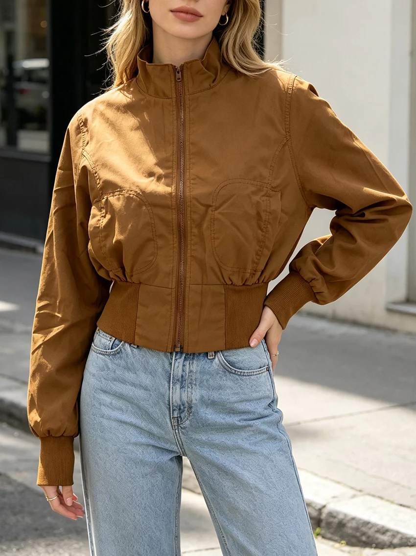 American Retro Ladies Short Flight Jackets Stand Neck Zip Up Rib Waist Cuff Pocket Long Puff Sleeve Crop Windbreaker Outer Coats