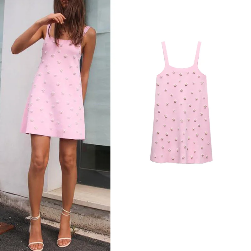 Dolce lavorato a maglia Dr Perla decorata Colletto dritto oulder Strap Faion da donna Nuovo arrivo Stagione estiva Poliestere F...