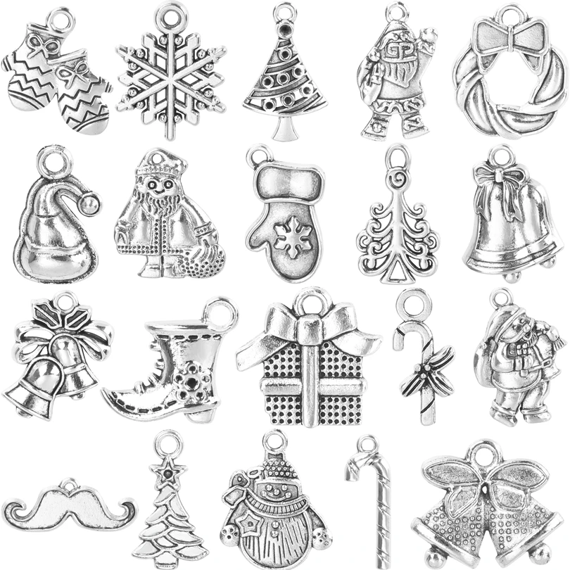 20pcs/Mix New Silver Color Snowman Christmas Tree Santa Claus Snowflake Pendant Diy Bead Bracelet Decoration Product Accessories