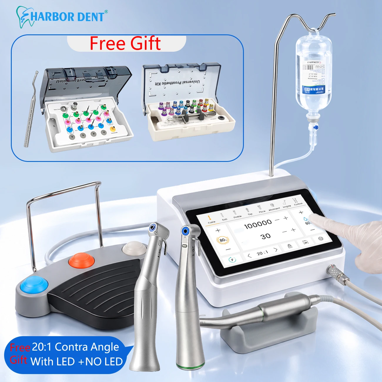 Dental Brushless Implant Motor 5-80 N.cm HD Touch Screen with 20:1 Fiber Optic Contra Angle Handpiece Dentist Surgical Equipment